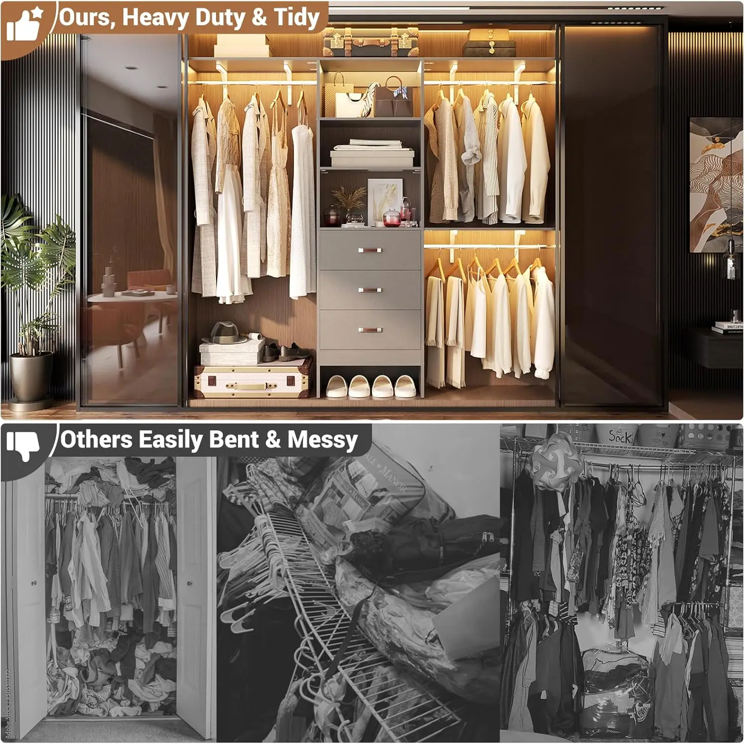 96 inch Closet System with 3 Wooden Drawers, Closet Organizer System with Storage Shelves Cutable