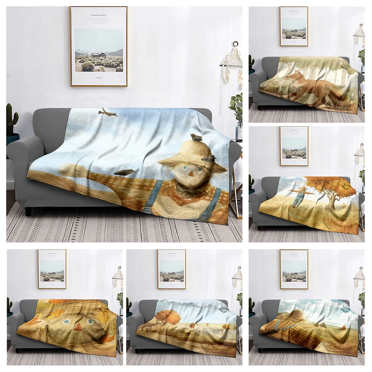 Home decoration plush Sofa blanket Scarecrow and Rice Field Bedspread on the bed  fluffy soft blankets thick blanket for winte