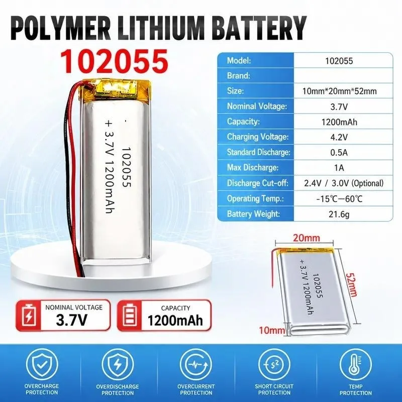 10pcs Polymer Lithium Battery 102055 3.7V 1200mAh Rechargeable Battery Cell with Protection Board