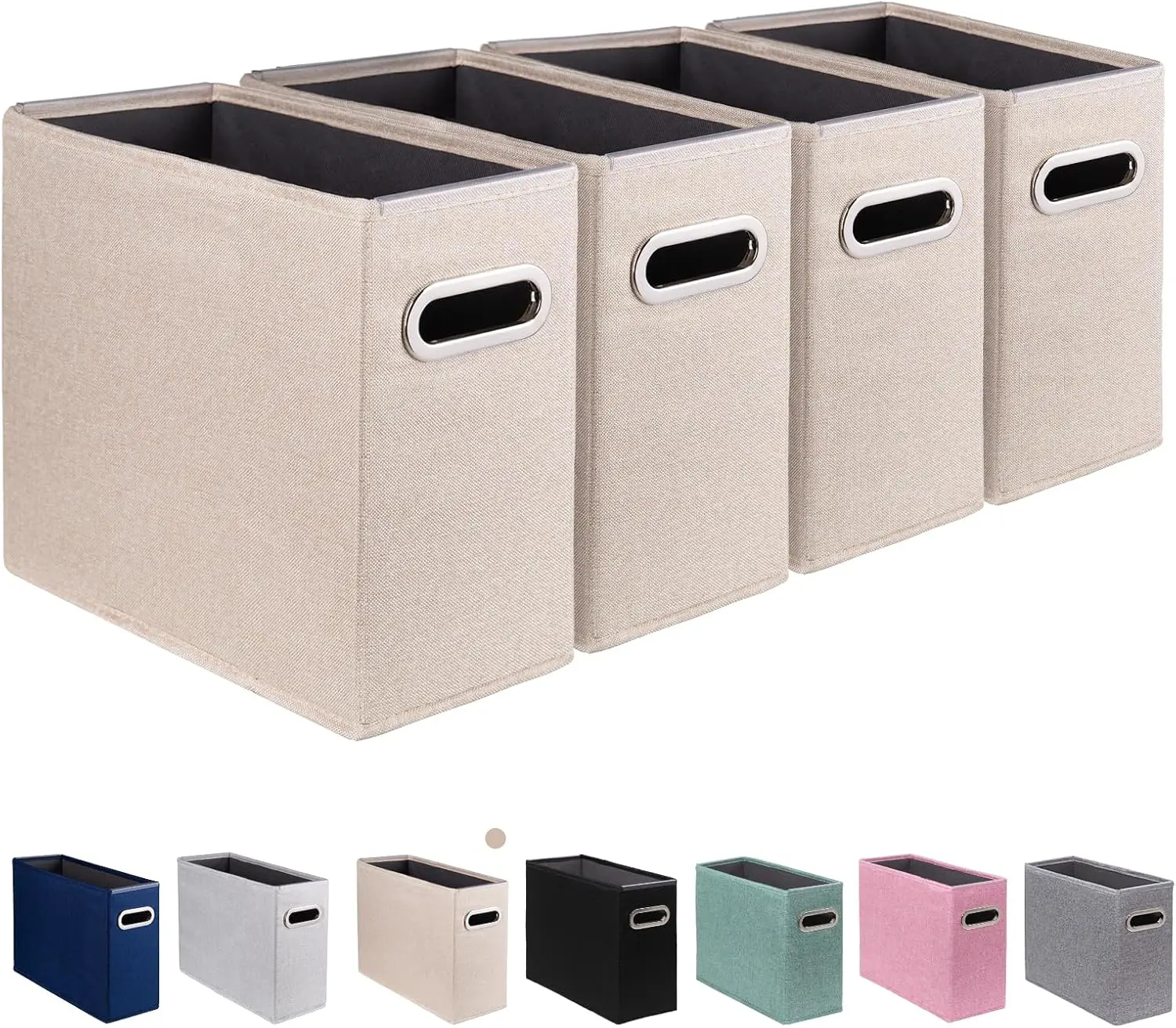 

4-Pack Collapsible Fabric File Storage Box with Metal Handle, Beige Organizer for Office Documents