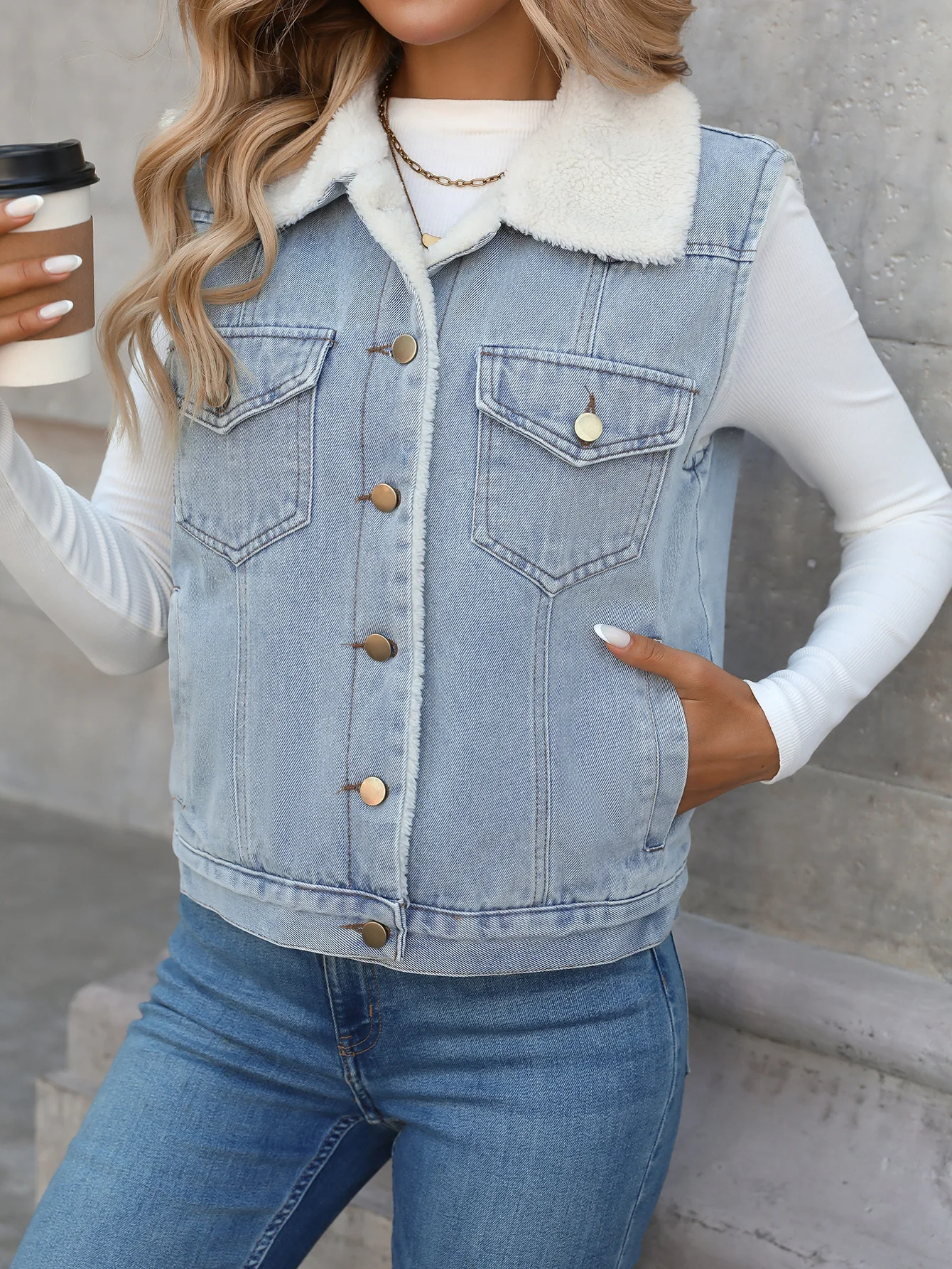 FTLZZ Autumn Winter Casual Lady Warm Sleeveless Button Sherpa Vest Jacket Women Fuzzy Fleece Denim Vest Coat