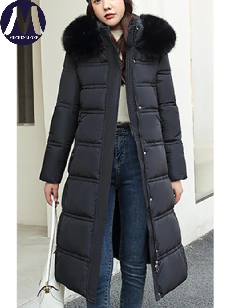 Women's Slim Fit Long Parkas, Hooded Jackets, Fur Collar, Below the Knee, Korean Fashion, Warm Coats, Autumn, Winter, New, 2023