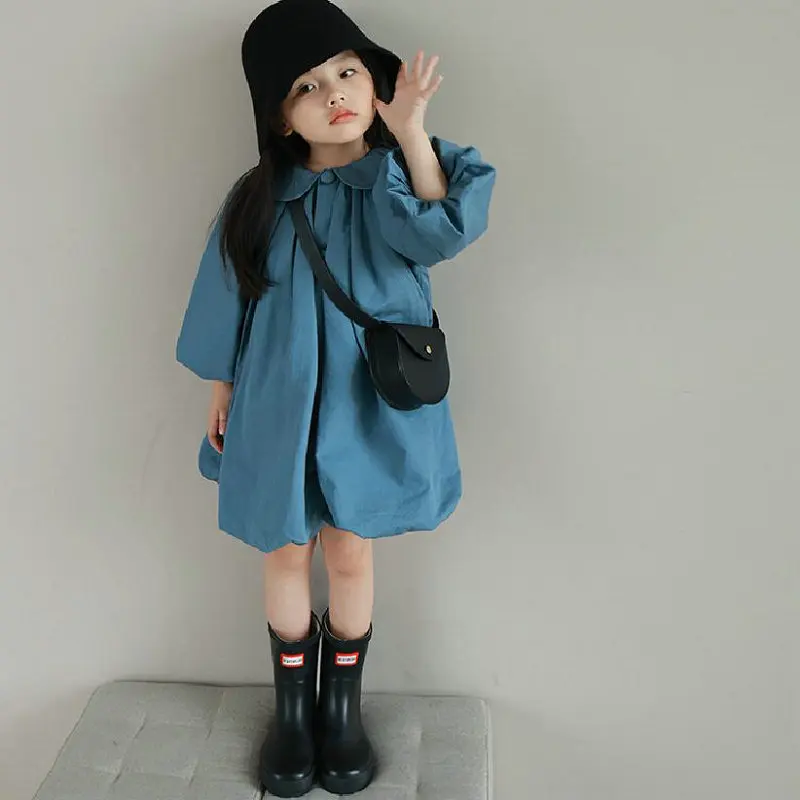 1-6Y Kids Girls Blue Dress Peter Pan Collar Petal Sleeve A-line Mini Dresses Korean Fashion Spring Summer Children Clothes