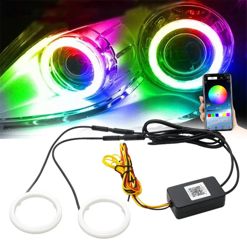 2PCS RGB Angel Eyes Halo Rings Lights with Turn Signal Lights APP Bluetooth LED Motorcycle Retrofit DRL Car Headlight 12V 24V