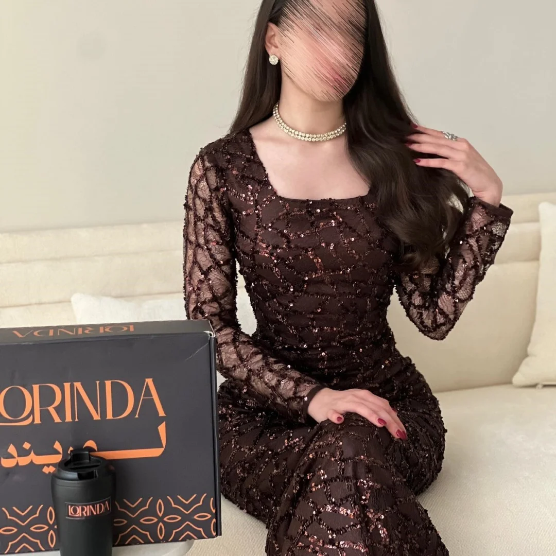 Bella personalizado Chocolate marrón cuello cuadrado largo encaje lentejuelas vestido de fiesta ajustado vestidos de fiesta hasta el suelo elegante vestido Formal