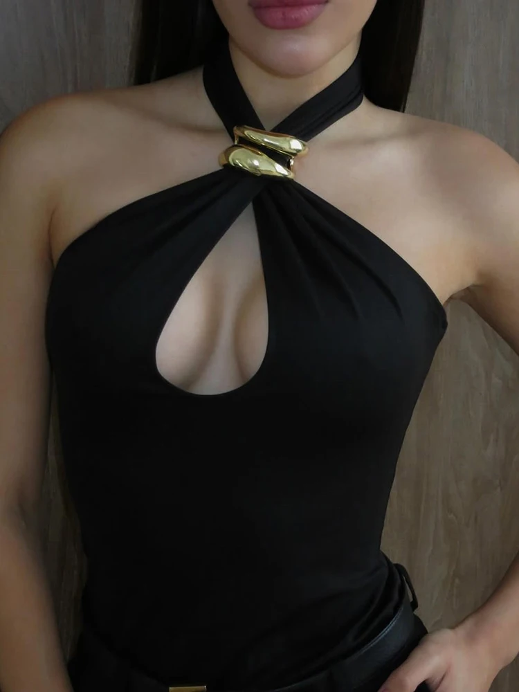 Mozision Halter Hollow Out Sexy Crop Tops Pullovers Women Vest Summer New Ring Metal Off-shoulder Tank Tops Female Skinny Top image 3