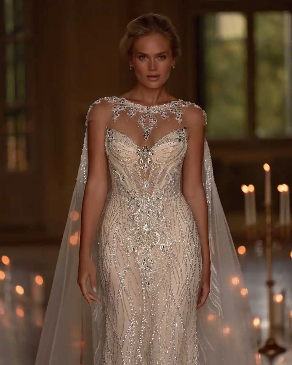 빈티지 스팽글 인어 웨딩 드레스 민소매 레이스 신부 드레스 케이프 스윕 트레인으로 맞춤형 vestidos de novia