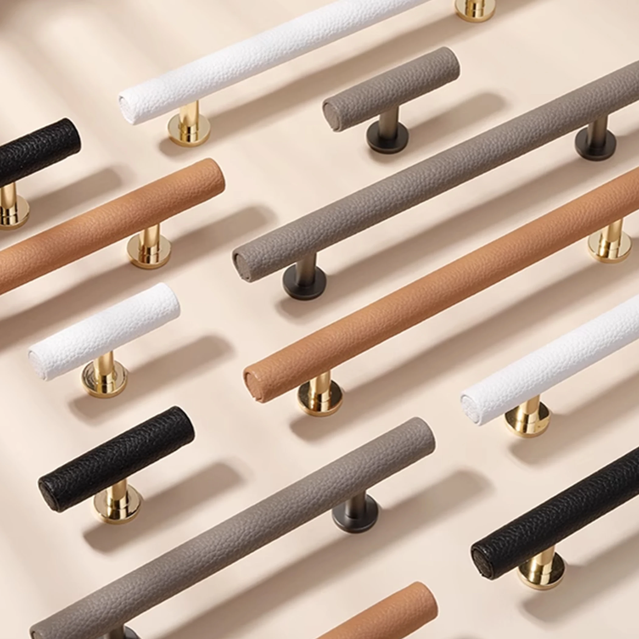Natural Leather T Bar Wardrobe Pulls Zinc Alloy Handles for Cabinets and Drawers White/Black Cowhide Kitchen Cupboard Door Knobs