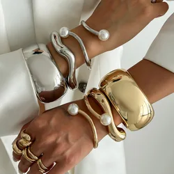 DIEZI Exaggerated Imitation Pearl Heavy Metal Wide Cuff Bangles Bracelets Hip Hop Punk Geometric Spring Bangles For Women Men