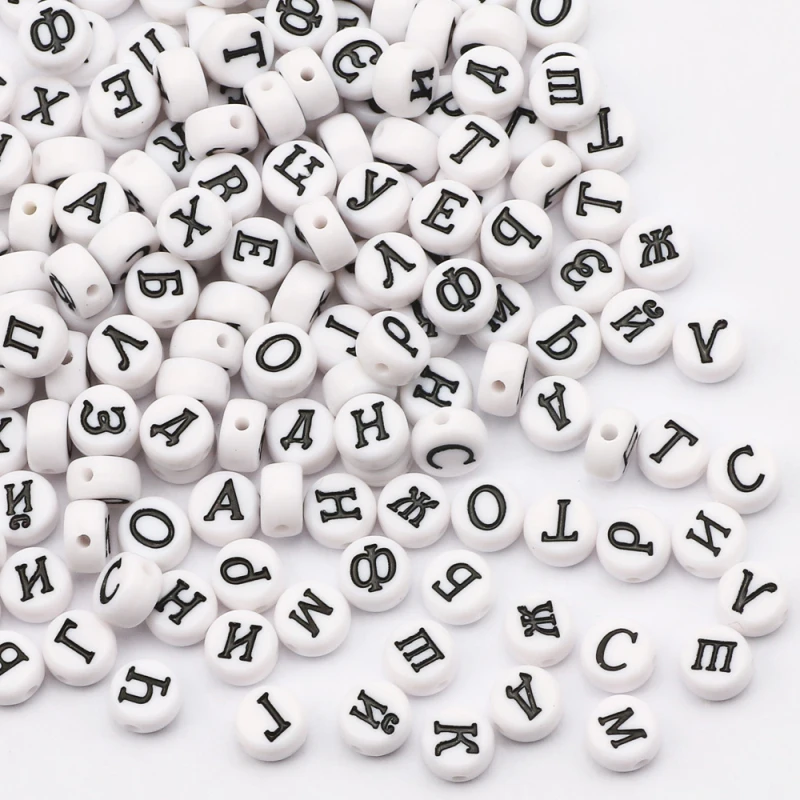 100pcs White Russia Letter Beads Flat Round Acrylic Alphabet Loose Spacer Beads For Jewelry Making DIY Bracelet Accessories