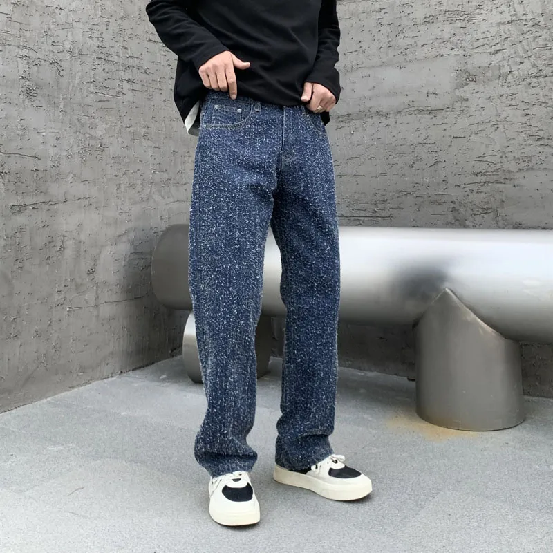 

New Trendy Loose Straight Tube Nostalgic Blue Washed Pants Fashionable Coarse Felt Texture Design Sense Jeans For Men