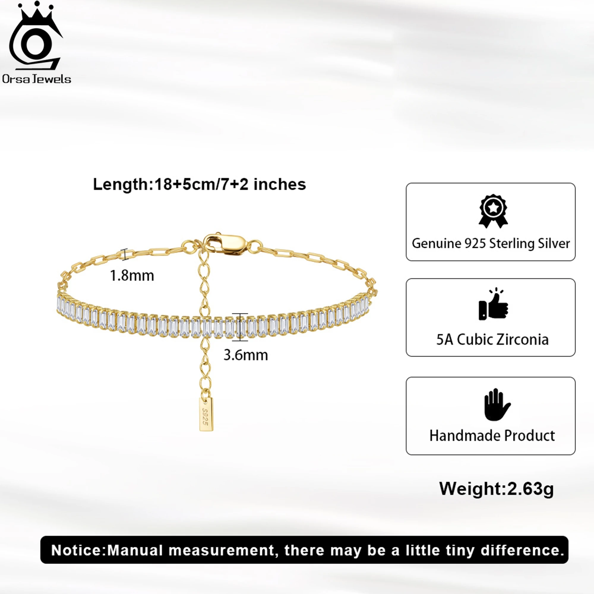 ORSA JEWELS 14K Gold 3.5*1.5mm Emerald Cut Sparkling 5A Cubic Zirconia With PaperClip Chain Tennis Bracelet Retro Present SB215