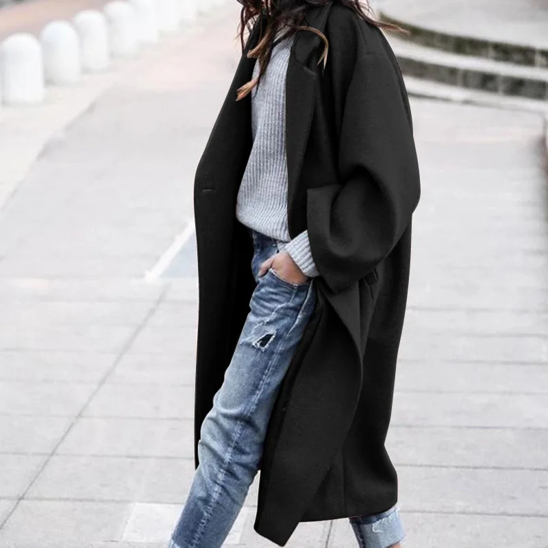 

Autumn Winter Women's Casual Long Color Blo Overcoat Ele Ladylike Coat in Pure Color with Long Sves PU Material