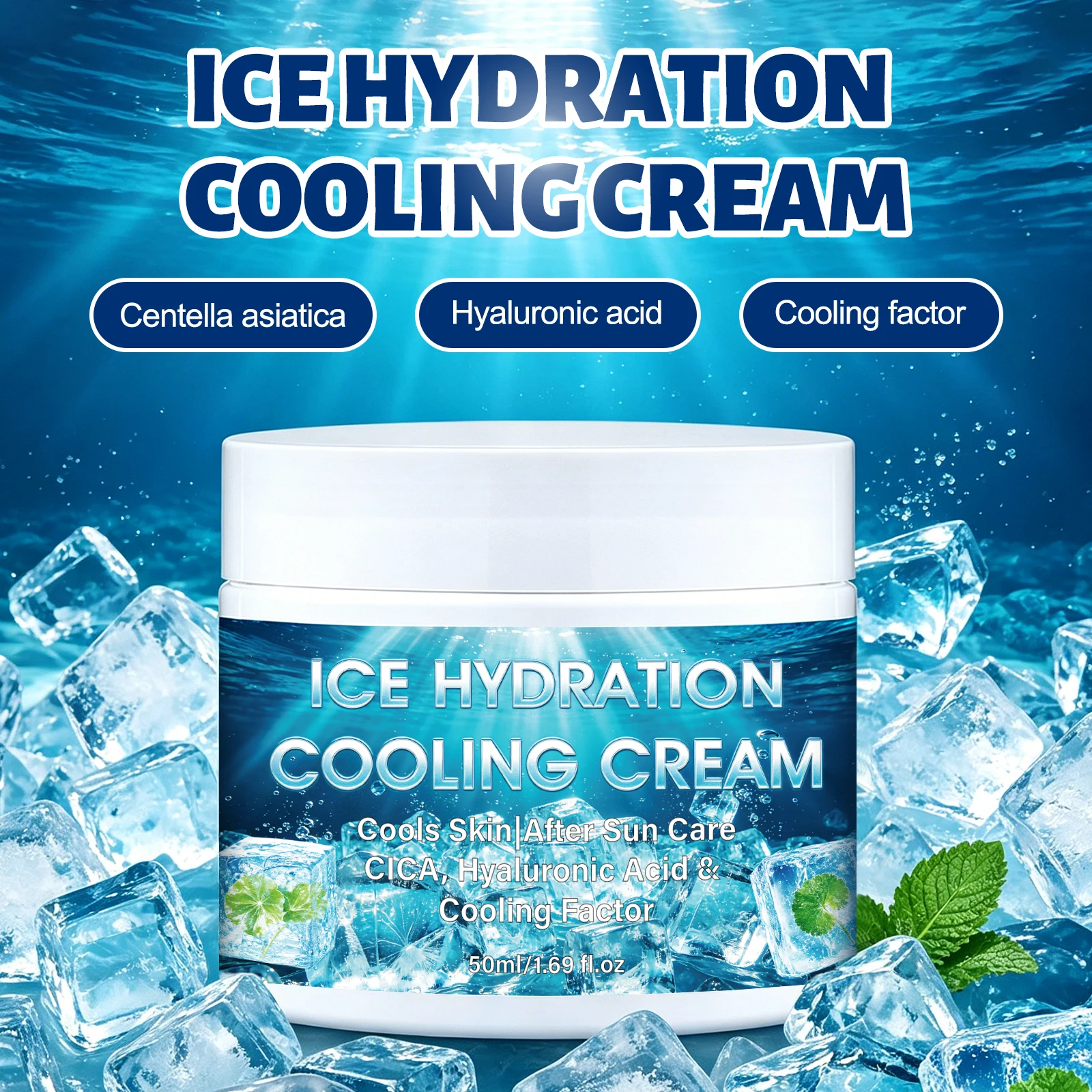 CICA Ice Hydration Cooling Cream after Sun Repair Facial Moisturizer with Hyaluronic Acid And Peptide for Instant Soothing of Re