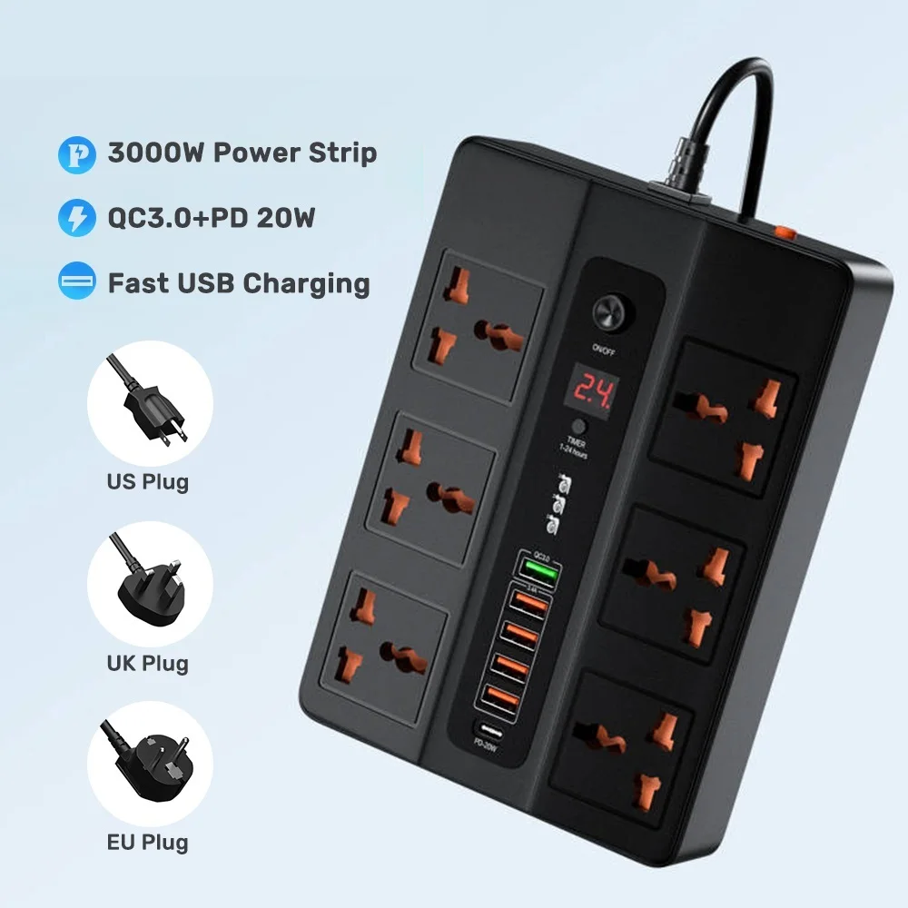 Top! 6 Ports 20W PD QC3.0 USB Fast Charger Type C Quick Charge Station Adapter 3000W 6 AC Outlets Power Strip for iPhone 12