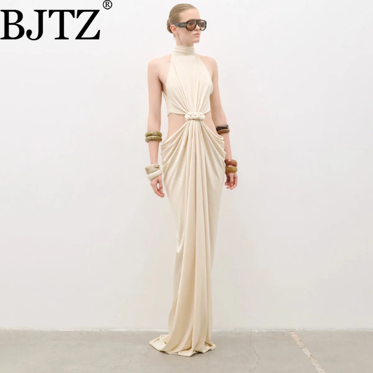 BJTZ 2025 Winter Knot Cutout Draped Maxi Dress High Neck Sleeveless Waist Cutout Casual Comfortable Elegant Minimalist Premium