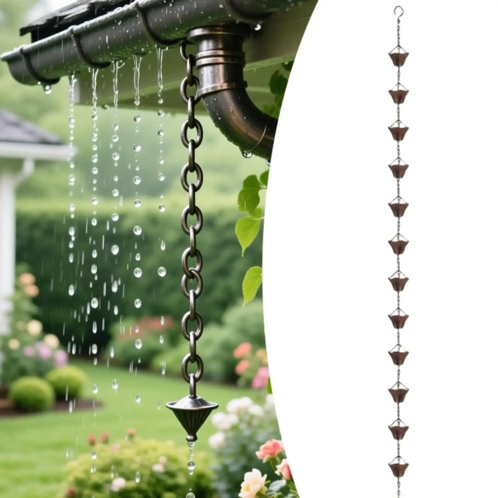 Rain Chains for Gutters Bronze Adjustable Link Rain Gutter Chains Set with Pouring Cups for Outdoor Spaces