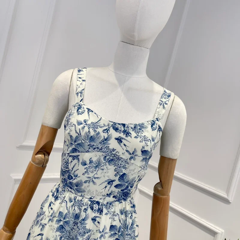 2024 Top Quality New Spring Summer Holiday Style Sky Blue Floral Printing Elegant Midi Tank Dresses Women