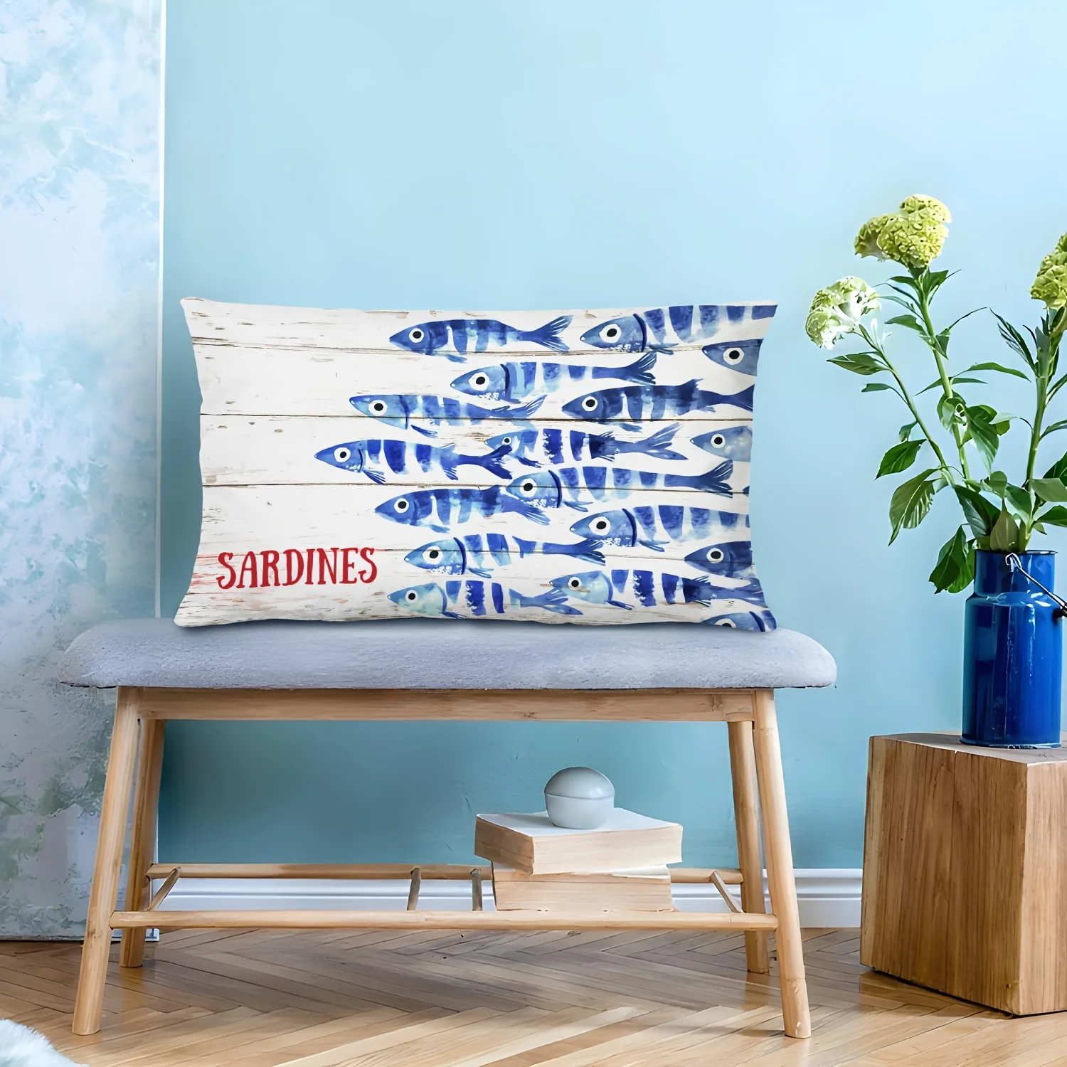 1pc Sardines Watercolor Wood Grain Printed Lumbar Pillow Cover,Suitable for Sofa,Bedroom，Living Room,Coastal Home, Vacation Home