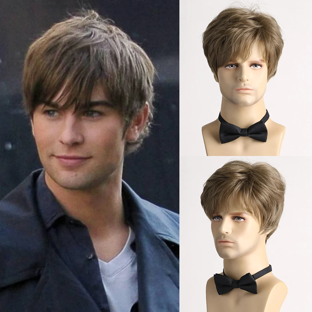 Synthetic Hair Short Curly Brown Wig for men Layered Heat Resistant Wigs With Bangs For Daily Use