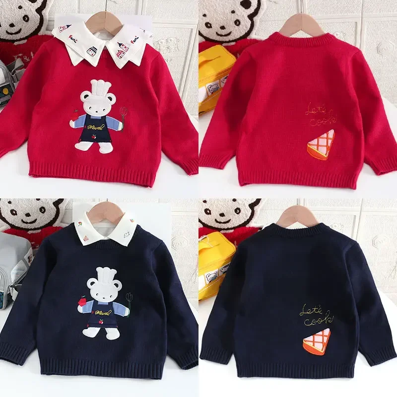 

Family Children's Clothing Autumn and Winter Boys and Girls Cartoon Cute Chef Bear Embroidery Patch Long Sleeve Sweater Knit