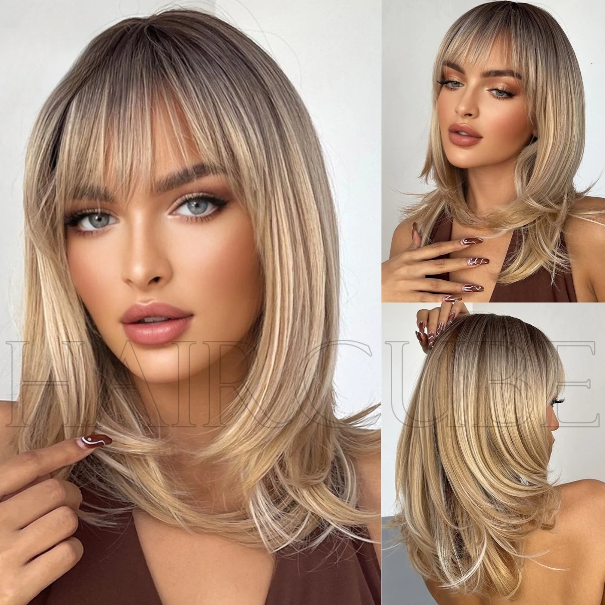 

Wig female long straight hair, gradual change of color on the top of the head, golden Qi bangs, European and American wigs, head