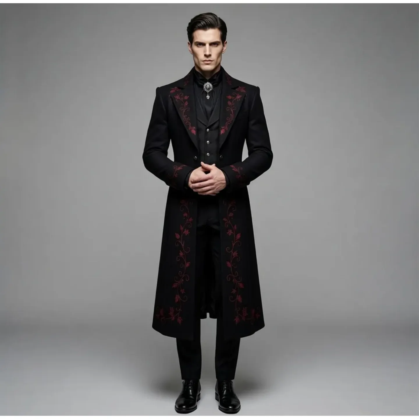 Men Gothic Victorian 2 Piece Set Suit Outfit Long Red Floral Embroidered Frock Coat Matching Waistcoat Wedding Groom Customized