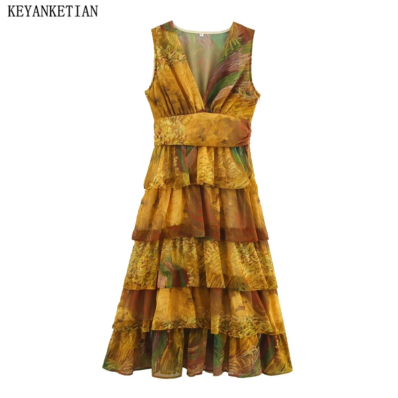 

KEYANKETIAN 2025 Summer New Women's Printed MIDI Dress Holiday wind V-Neck Sleeveless Tiered Ruffles Slim Side Zipper Dresses