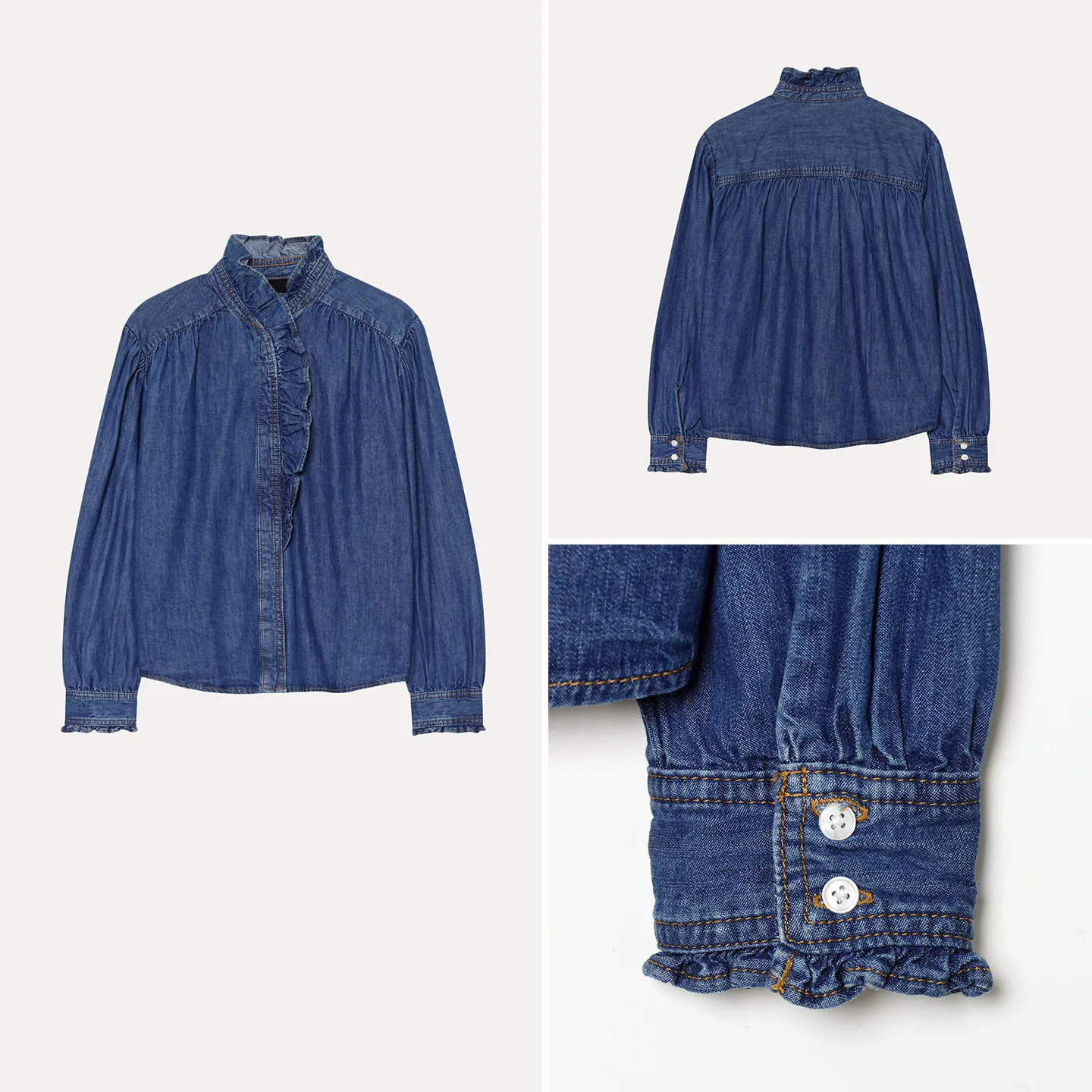 Fashionable Stand Collar Ruffle Hem Denim Top Women's Casual Loose Fit Button Closure Short Outerwear Autumn Collection
