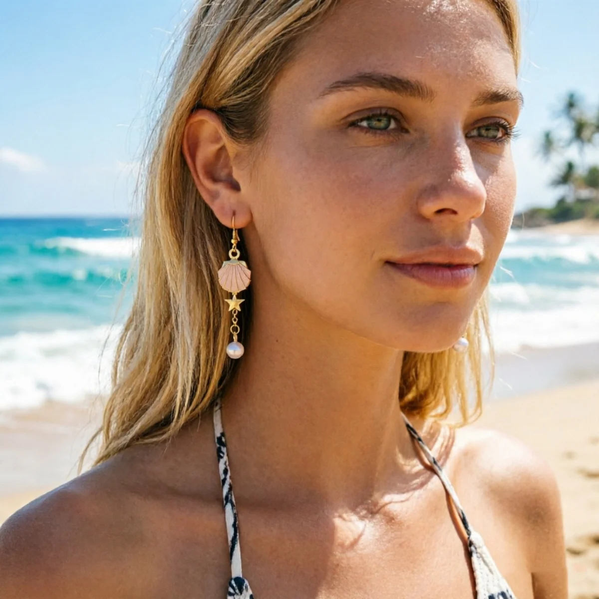 Ocean Beach Emaille Seestern Muschel Imitationsperlen Quaste Asymmetrische Hängeohrringe für Damen und Herren Stern-Ohrringe Sommer-Schmuck – Detail 11