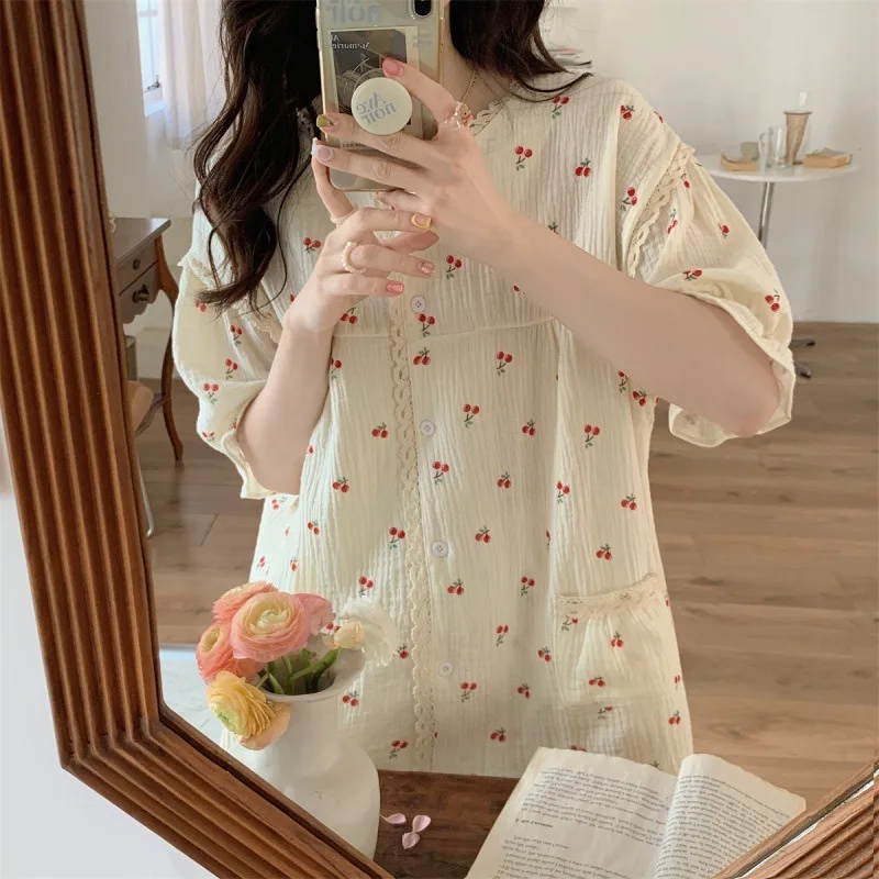 Femmes pyjamas ensemble été doux imprimé cerise adolescent à manches courtes vêtements de nuit étudiant vêtements de détente 2 pièces ensemble coréen japon vêtements de nuit