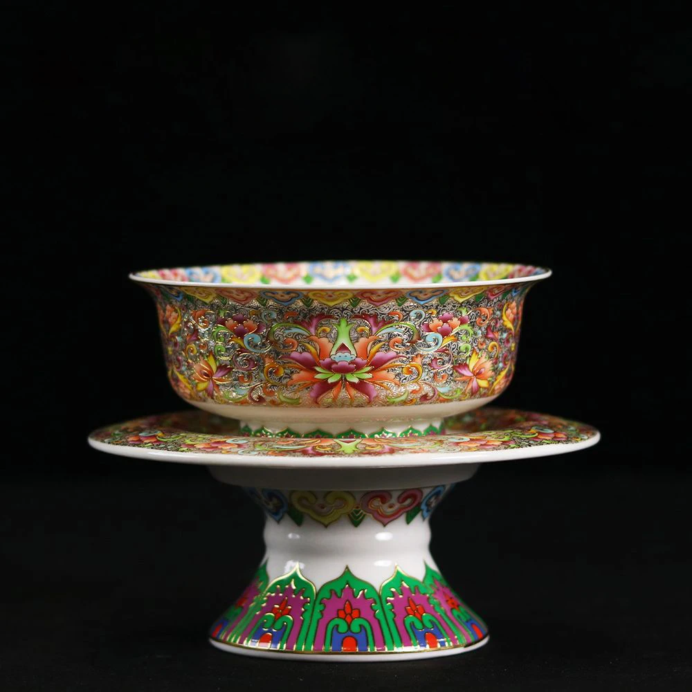 Enamel Bowl Lotus Style Ceramic Bowl Chinese Antique Style Palace Bowl Home Use Buddhist Hall Bowl For Offering Ornament ZG256