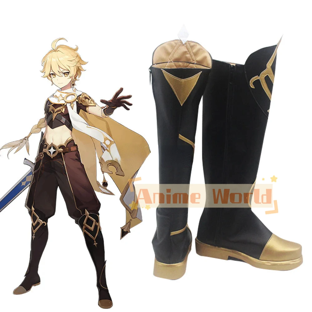 Genshin Impact Player uomo Traveler Aether scarpe nere stivali Cosplay stivali di carnevale di Halloween su misura