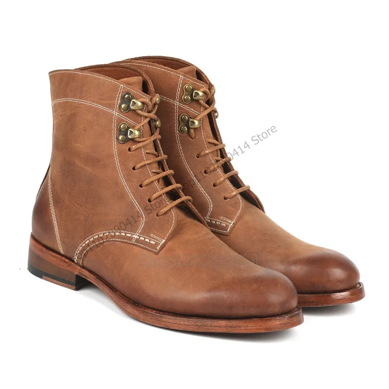 

Brown Sewing Design Strappy Men Boots Fashion Lace Up Men Shoes Luxurious Handcraft Party Feast Banquet Office Men Dress Shoes