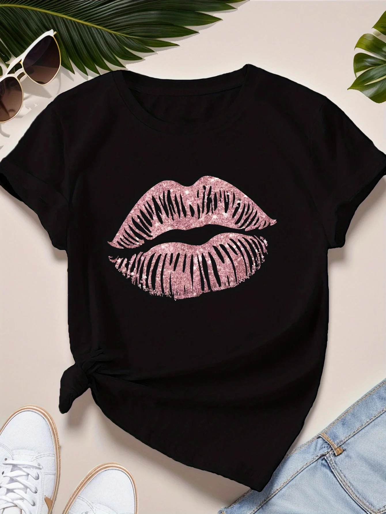 Glitzerndes rosa Kiss Mark Damen Sport Kurzarm Harajuku Kurzarm Freizeitkleidung Street Tops T-Shirts Ästhetische Kleidung