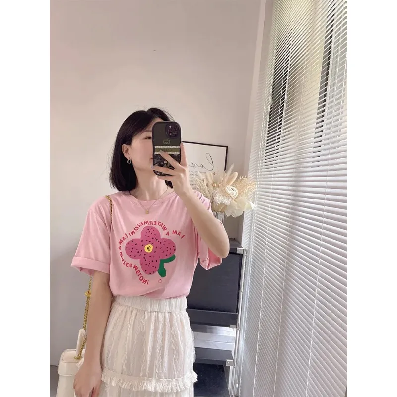 Summer Cute Watermelon Flower Print T Shirt Women Casual Loose Crew Neck Short Sleeve Cotton Tee