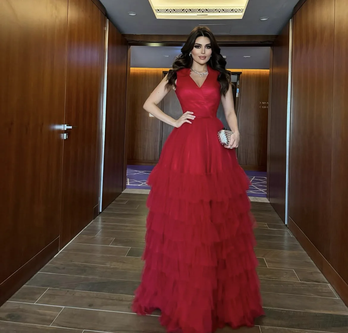 

Sexy Dark Red Evening Dresses Prom Gowns V-Neck Sleeveless Zipper Back Layers Tulle Party Dress