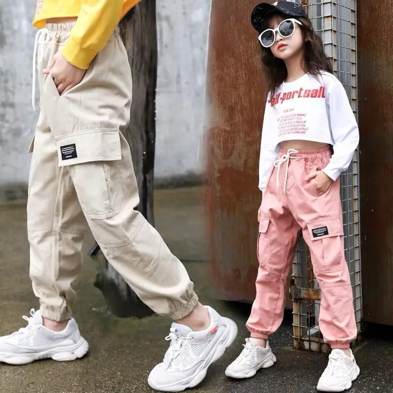 2026 New Cowgirl Cargo Pants Spring Autumn Solid Color Kids Cotton Trousers Teenage Clothing Elastic Waist Teens Sweatpants
