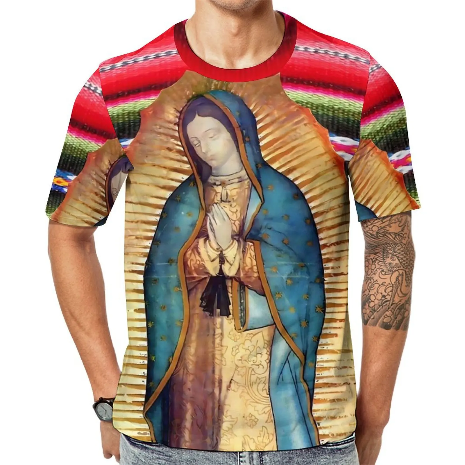 Our Lady of Guadalupe T-Shirt For Men Virgin Mary Catholic O Neck T Shirts Vintage Clothing Short Sleeve Plus Size Tee Shirt