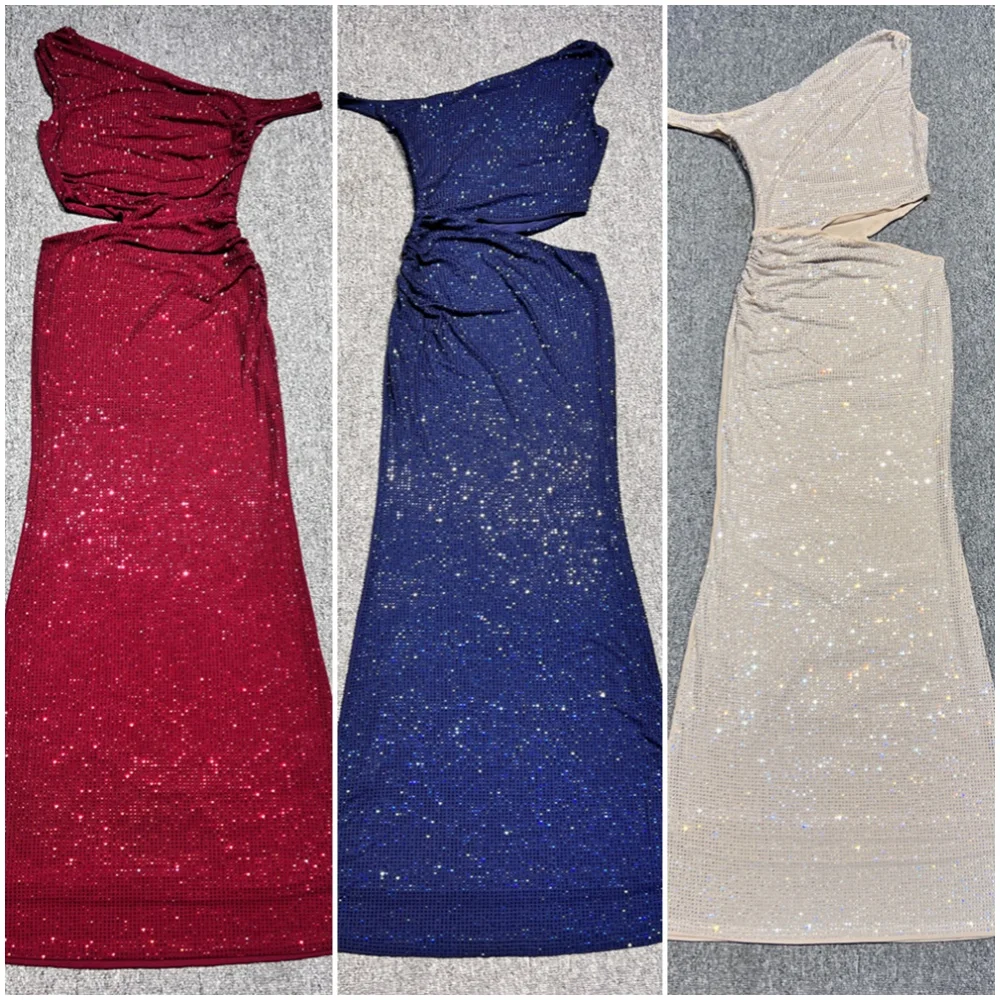 PB براقة الأزرق واحد الكتف قطع الترتر فستان طويل أنيق بلا أكمام شبكة حفلة رسمية المناسبات المشاهير مساء ارتداء