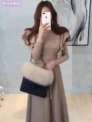 Chic Korea Hot Stretchy Women Knitted Sweater Pullover Dress Autumn Winter Warm Basic Wear Lady Chic Korea Lace-Up Knit Dress