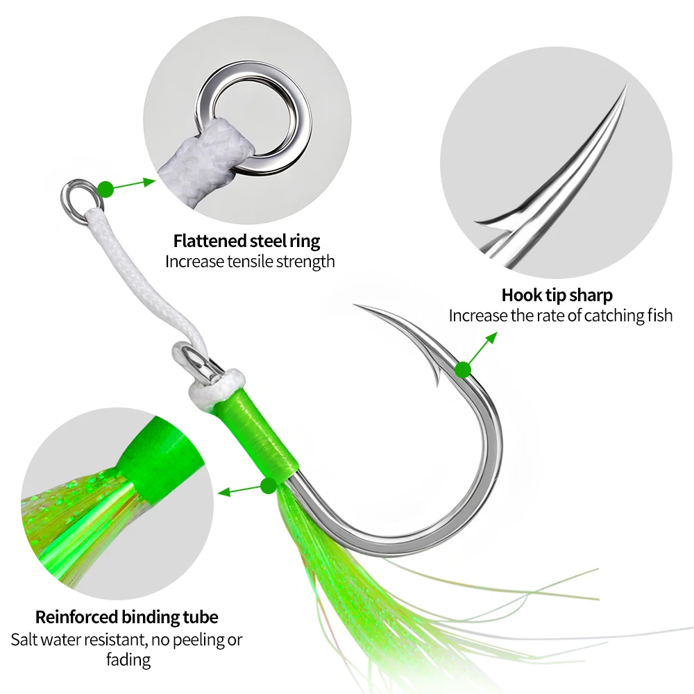 PROBEROS 2 Stück/Beutel Hochsee-Angelhaken mit Doppelhaken, Flash-Feather-Design, Robuste Widerhaken-Jighaken für Salzwasser-Angelausrüstung – Detail 5