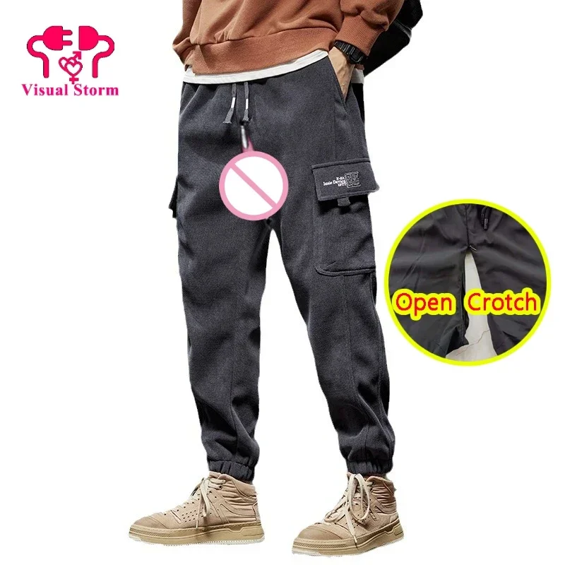 

Men Winter Open Crotch Cargo Pants Hidden Zippers Sexy Pockets Themal Full Length Corduroy Warm Keep Casual Trousers Crotchless