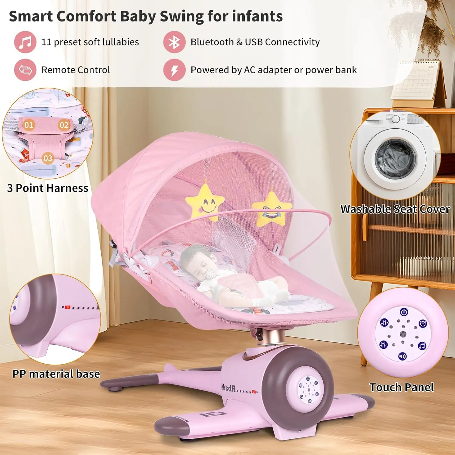 Remote Baby Bouncer & Rocker with Bluetooth Music & Light Mosquito Net Portable Aircraft Cabin Shape Baby Swings for Infants