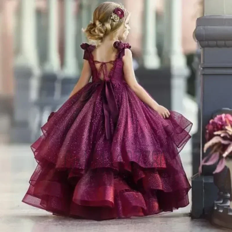 

Flower Girl Dresses for Wedding Burgundy Lace Beads 3D Floral Appliqued Little Girls Pageant Dresses Party Princess Gowns