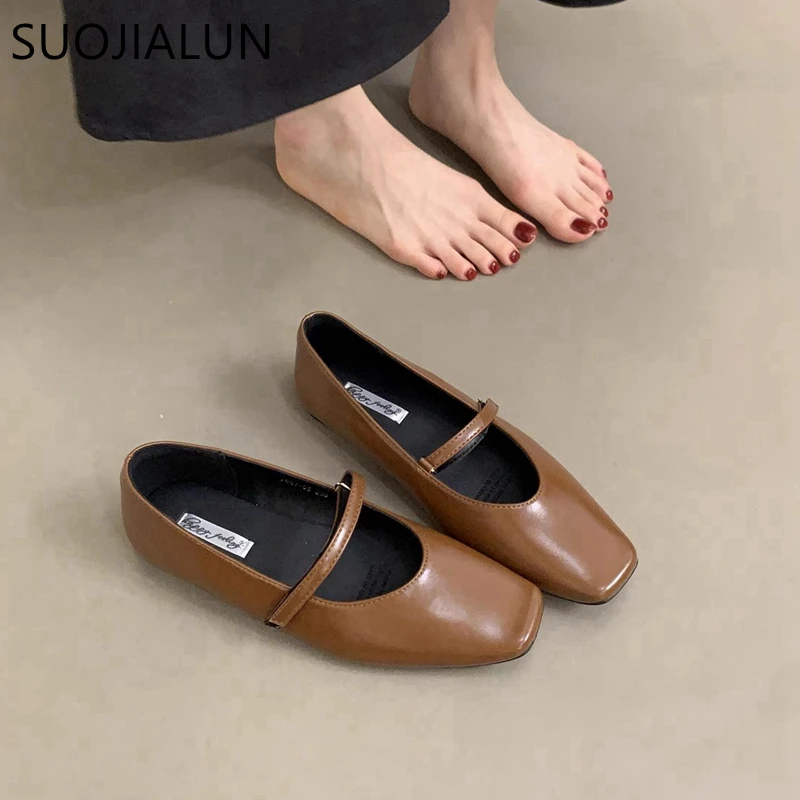 SUOJIALUN 2024 Autumn Women Flat Shoes Fashion Shallow Ladies Mary Jane Shoes Square Toe Soft Flat Heel Outdoor Casual Ballerina