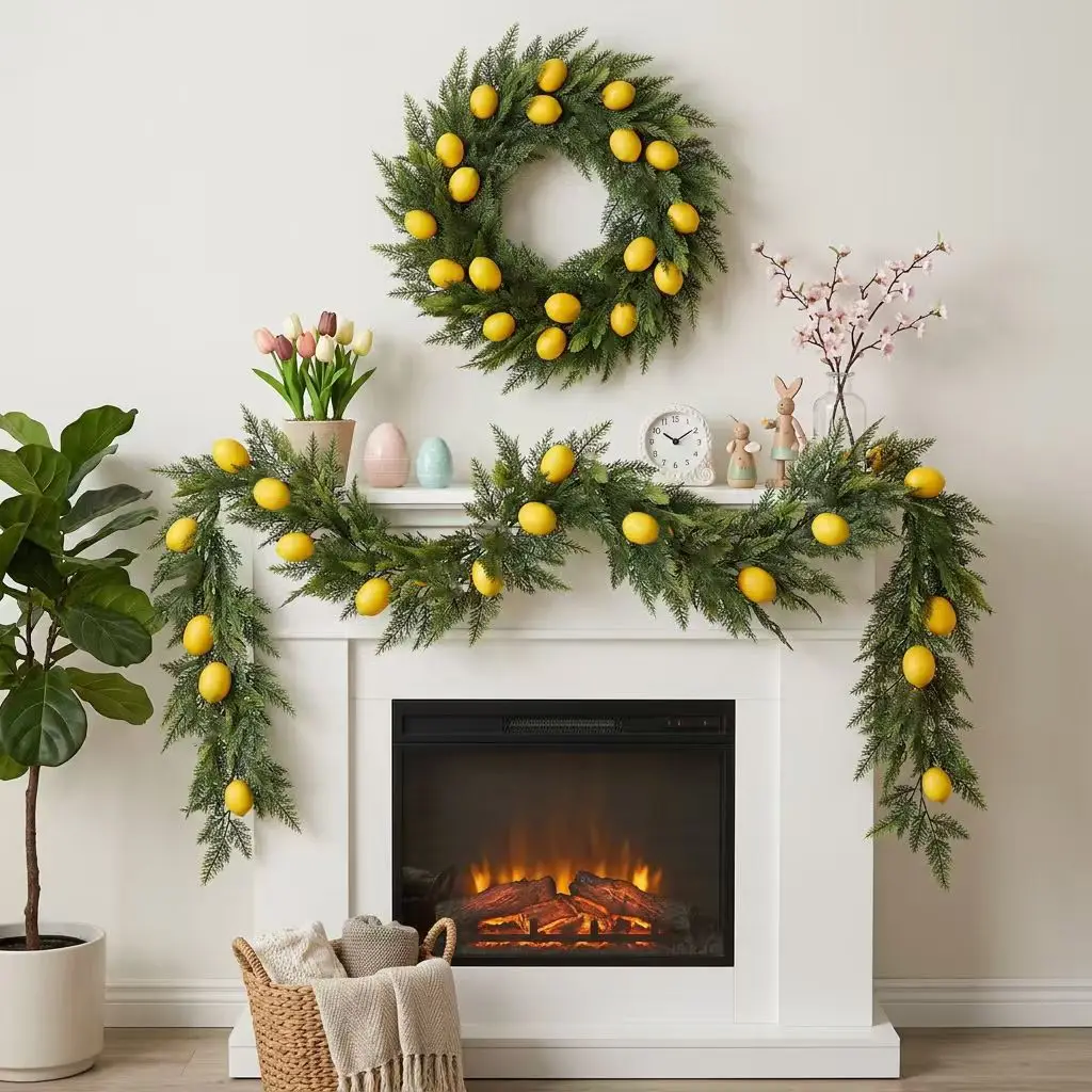 Artificial Cedar Lemon Garland 5.74Ft 175cm Realistic PVC Fabric Green Foliage with Yellow Lemons Indoor Decor
