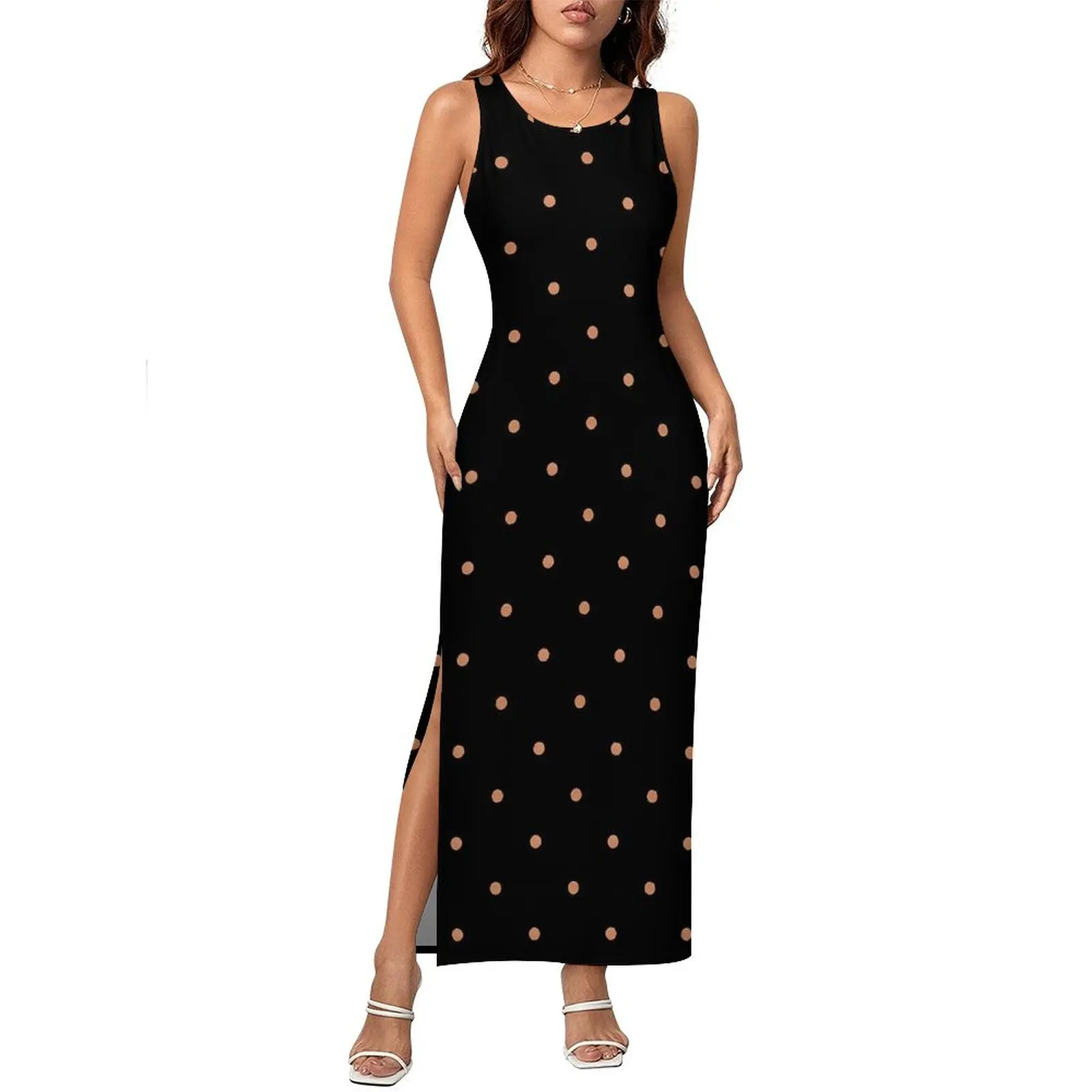 Ouro dot bodycon vestido de férias vintage bolinhas clube sexy maxi vestidos mulher sem mangas gráfico estilo rua vestido tamanho grande