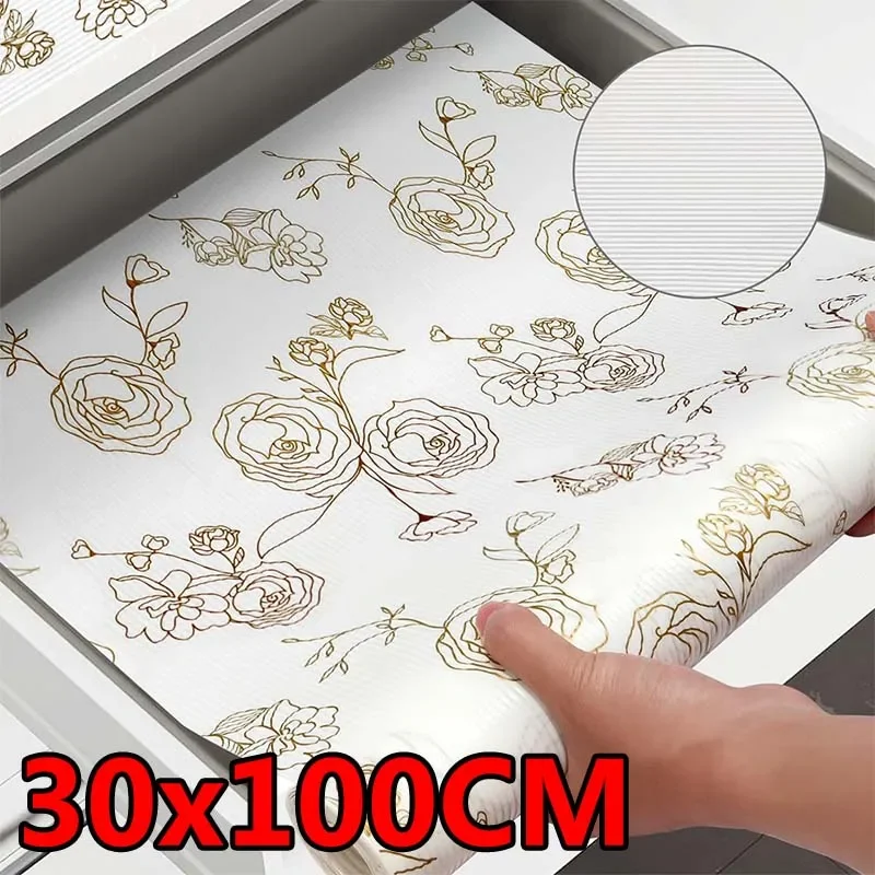 

30x100CM Gold Floral Print Drawer & Shelf Liners for Cabinet Vintage Rose Flower Mat Kitchen Closet Placemat Table Pad