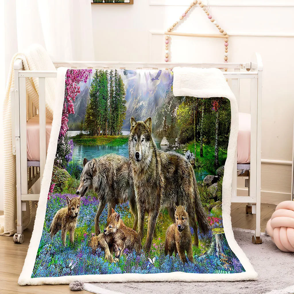 HUANZHUANG Flannel Fleece Blanket Baby Size 3D Grass Animal Wolf Blanket For Sofa, Couch, Bed, Printed Pattern Plush Throw Dog